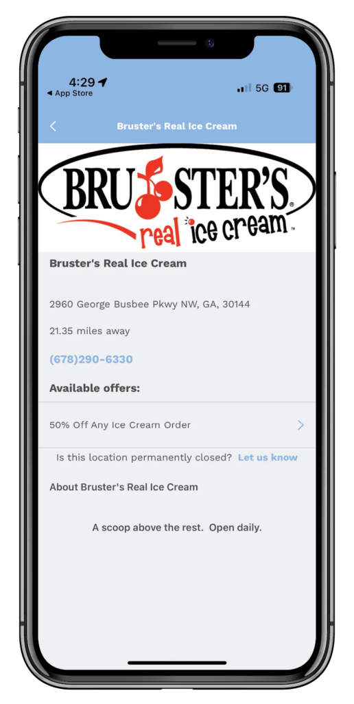 Phone screen showing a Bruster’s discount on the Team Butter discount card fundraising app