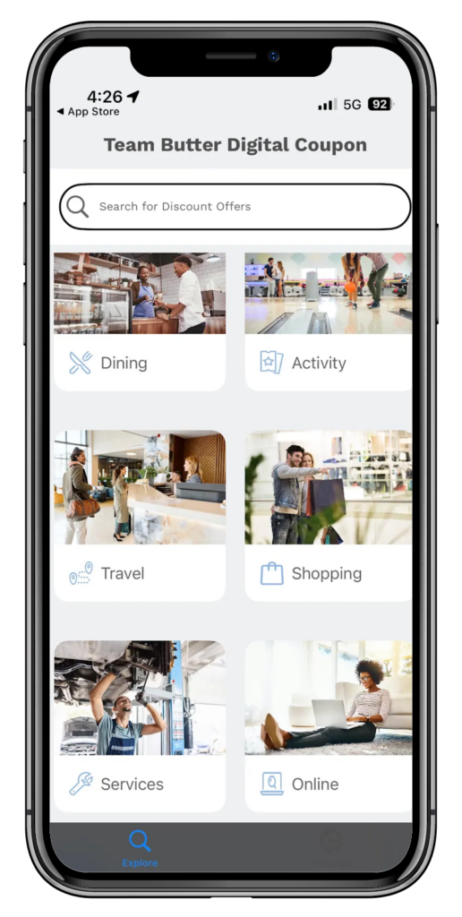 Homescreen of Team Butter’s digital discount card fundraiser app