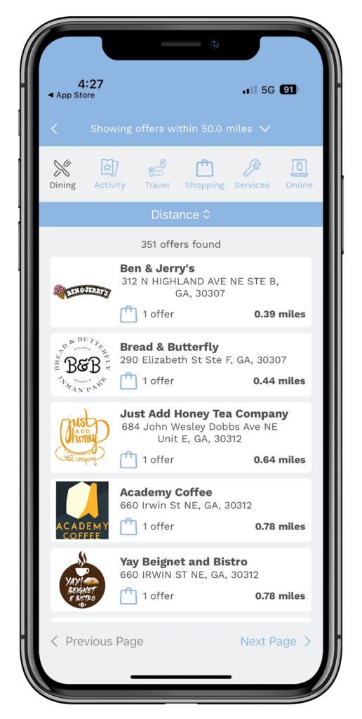 List of available local discounts on the Team Butter discount card fundraiser app