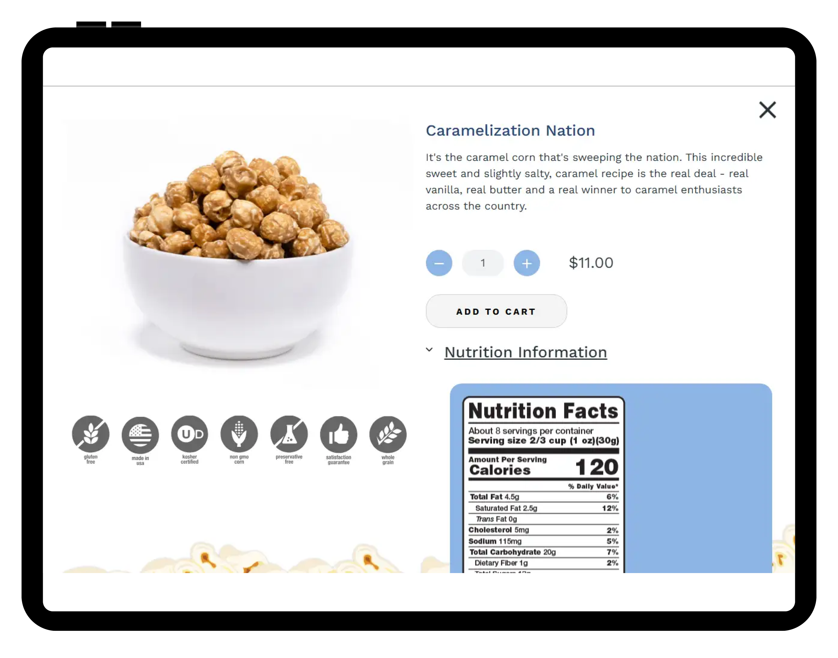 Tablet screen showing information about Caramelization Nation, one of the flavors available in Team Butter’s gourmet popcorn fundraisers