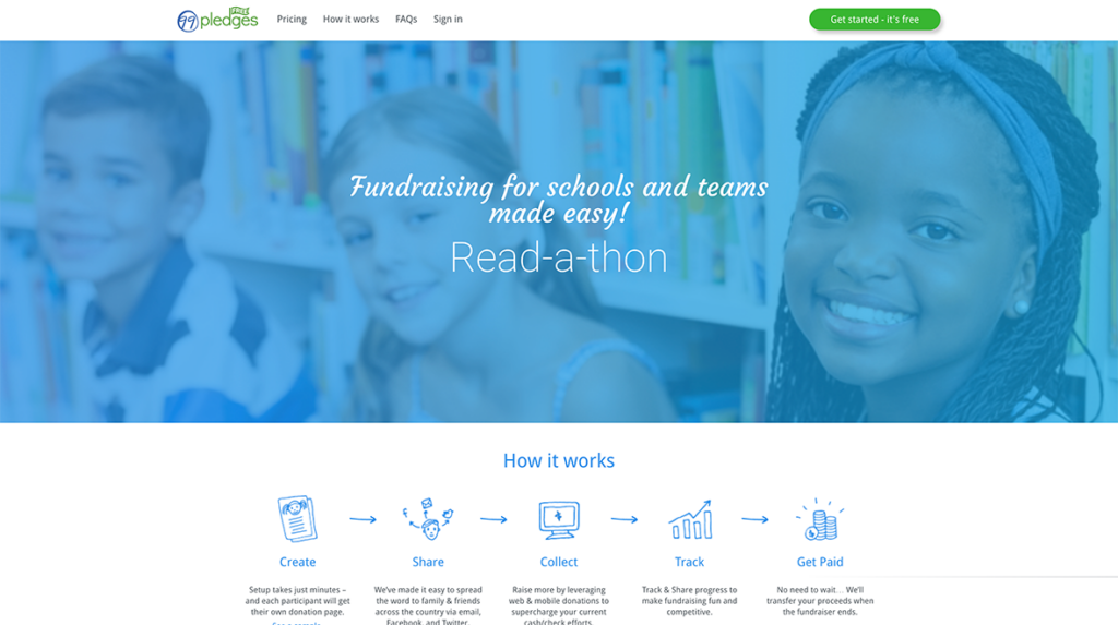 Homepage for 99Pledges, a pledge-based team fundraising platform