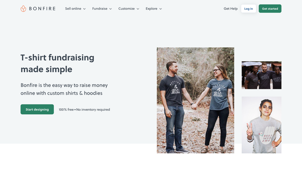 Bonfire homepage, promoting “t-shirt fundraising made simple”