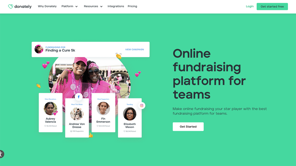 Homepage for Donately, an online fundraising platform for teams