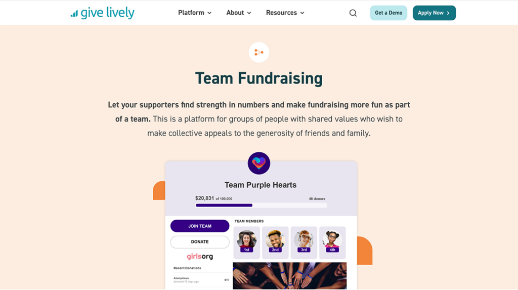 Screenshot of a Give Lively web page, with information about team fundraising