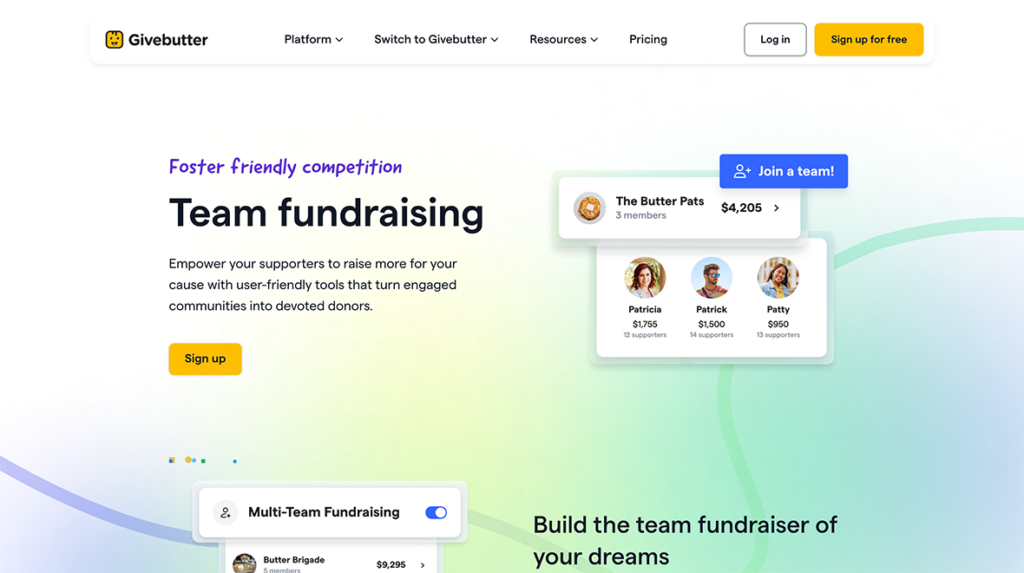 Web page showing information about Givebutter’s team fundraising software