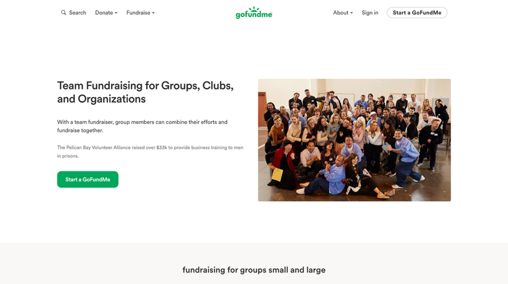 Screenshot of a web page for GoFundMe, one of the top team fundraising platforms