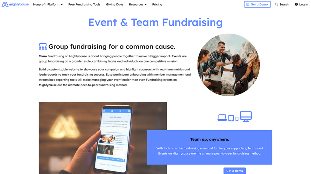 Web page showing details about MightyCause’s platform for event and team fundraising