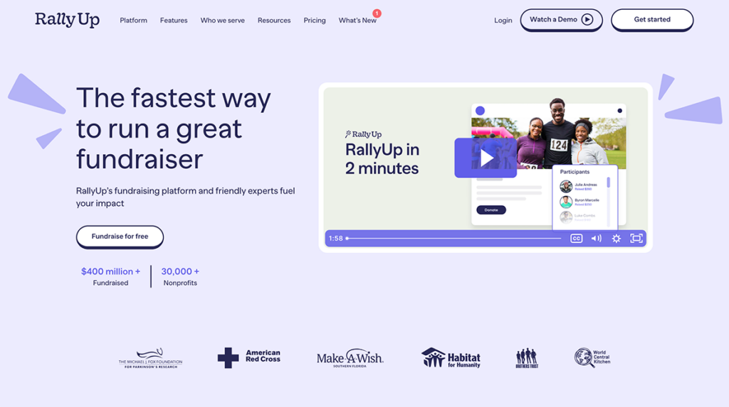 Homepage for RallyUp, one of the top team fundraising platforms